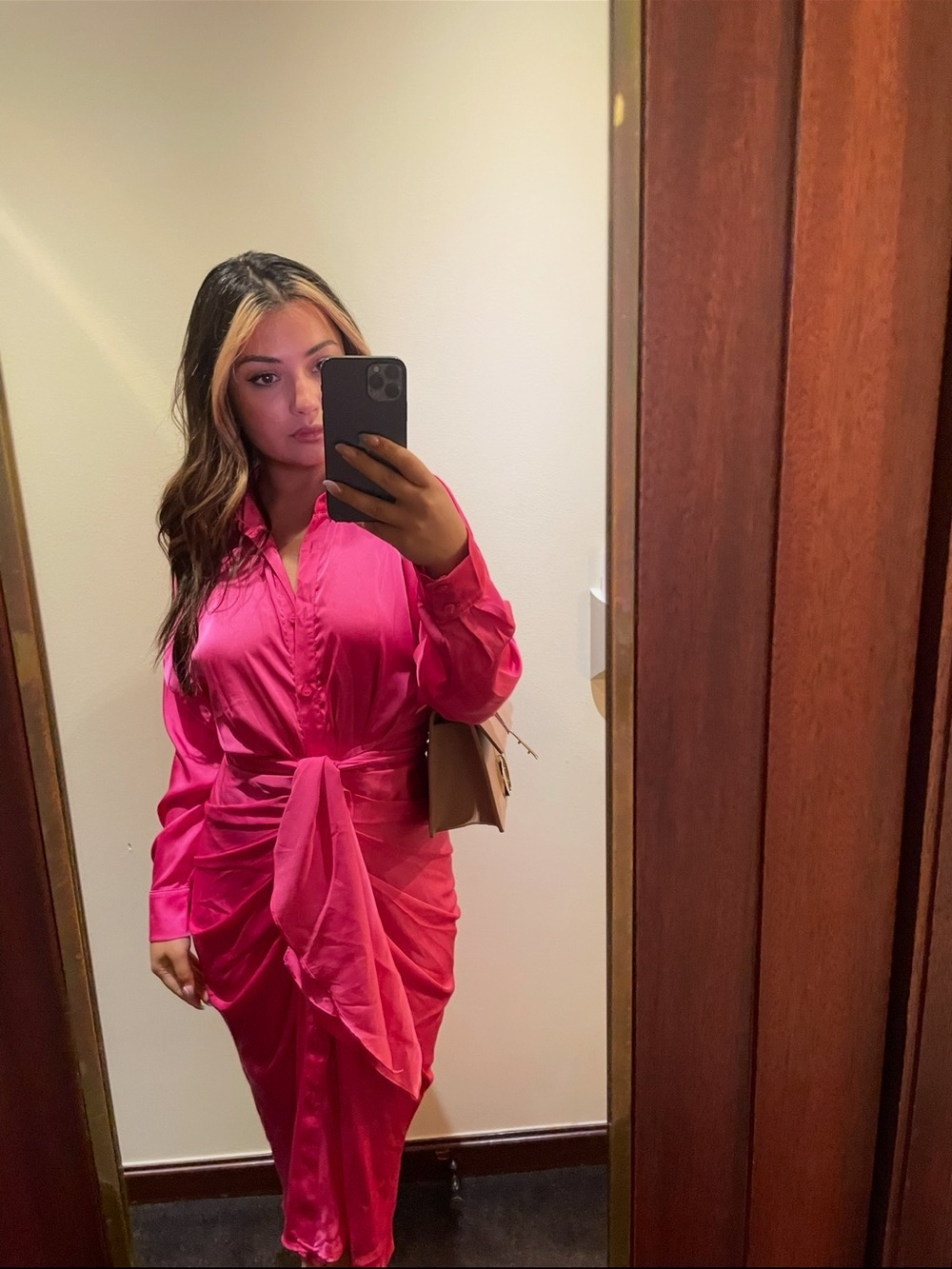 DO+BE Hot Pink Satin Midi Shirt Dress | Wedding Guest | Size 2